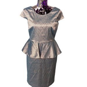 Worthington Size 8 Gold Turquoise Blue Metallic Peplum Dress Cap Sleeve